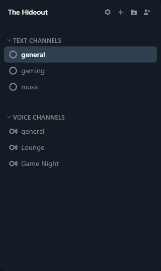 Channel sidebar with categories and multiple channels