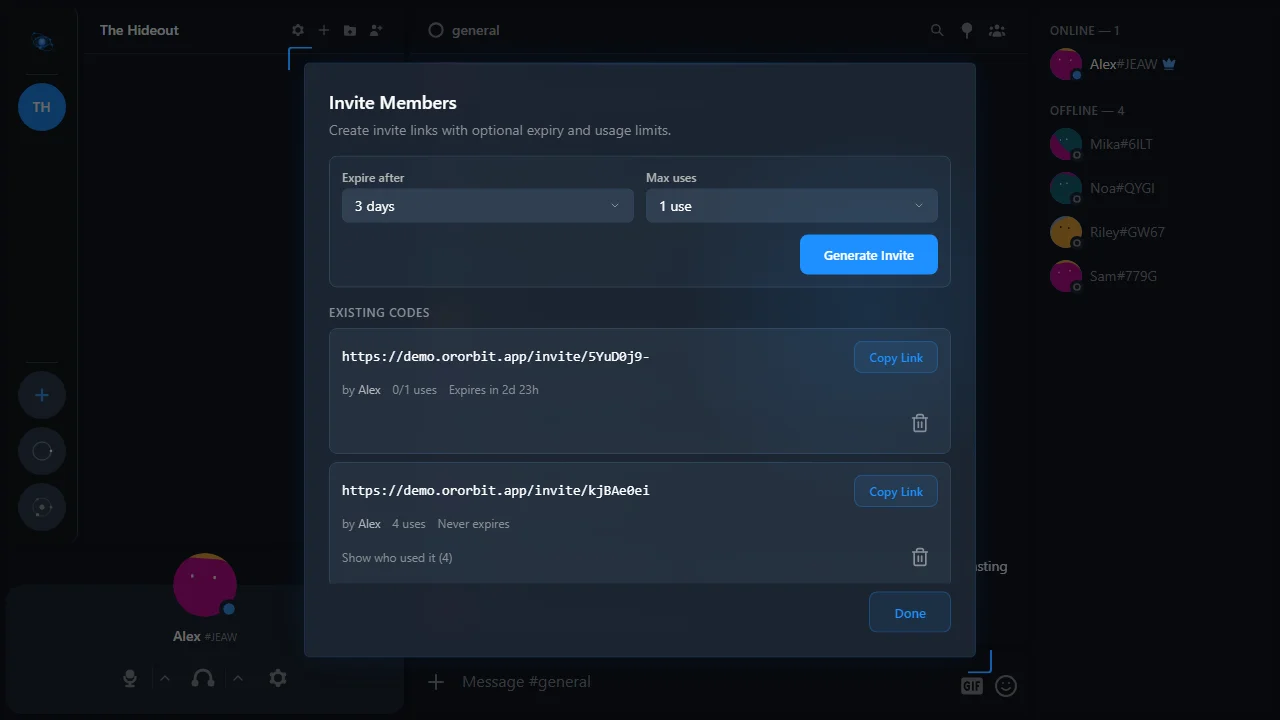 A generated invite link ready to share