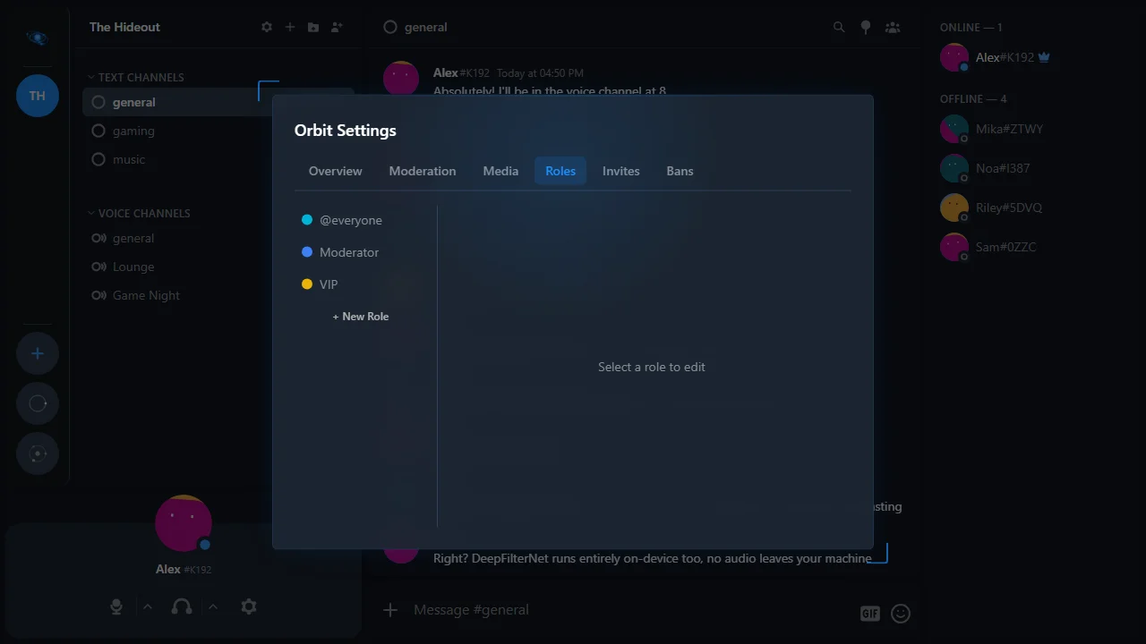 Role editor showing role list and permission toggles