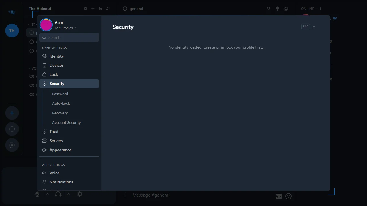 Security settings panel