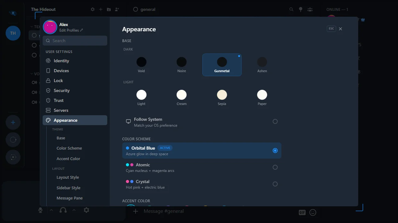 Appearance settings panel