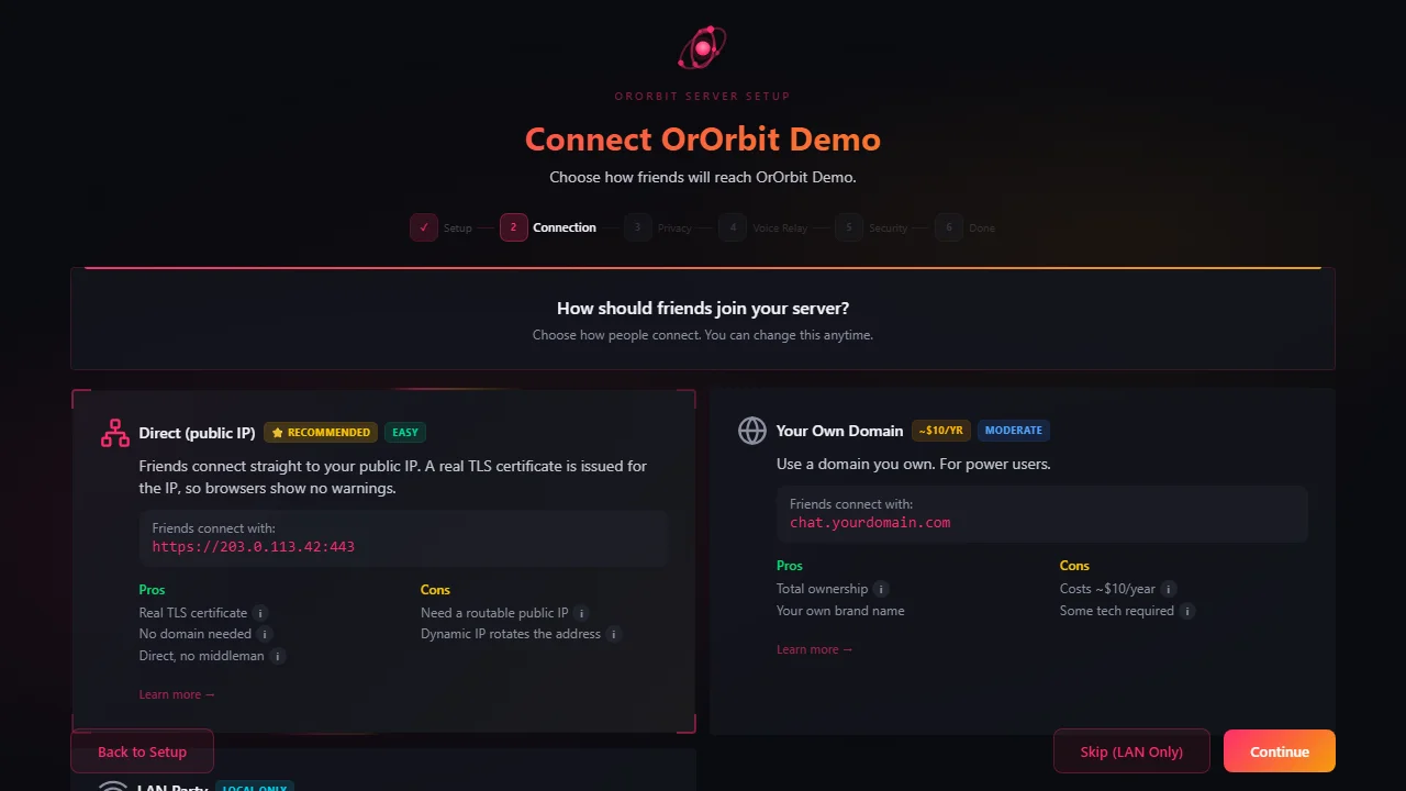 Server setup wizard with connection method options