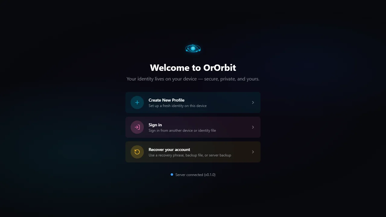 OrOrbit Connect to a Server screen